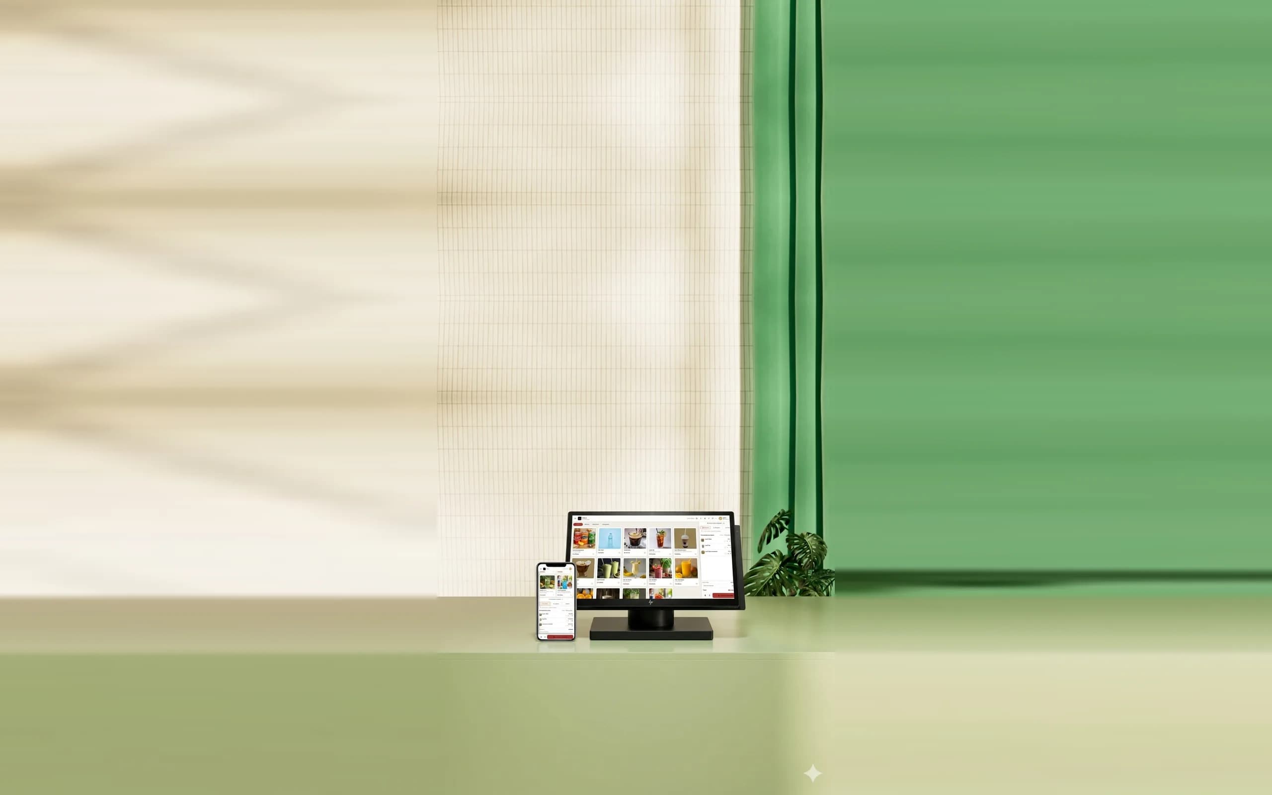 storeinoPOS register running on a touchscreen monitor and a phone, side by side on a store counter