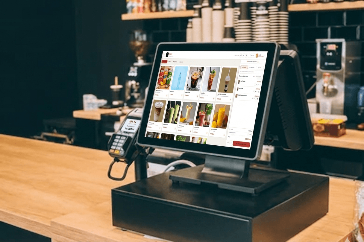 storeinoPOS running on a tablet at a café counter