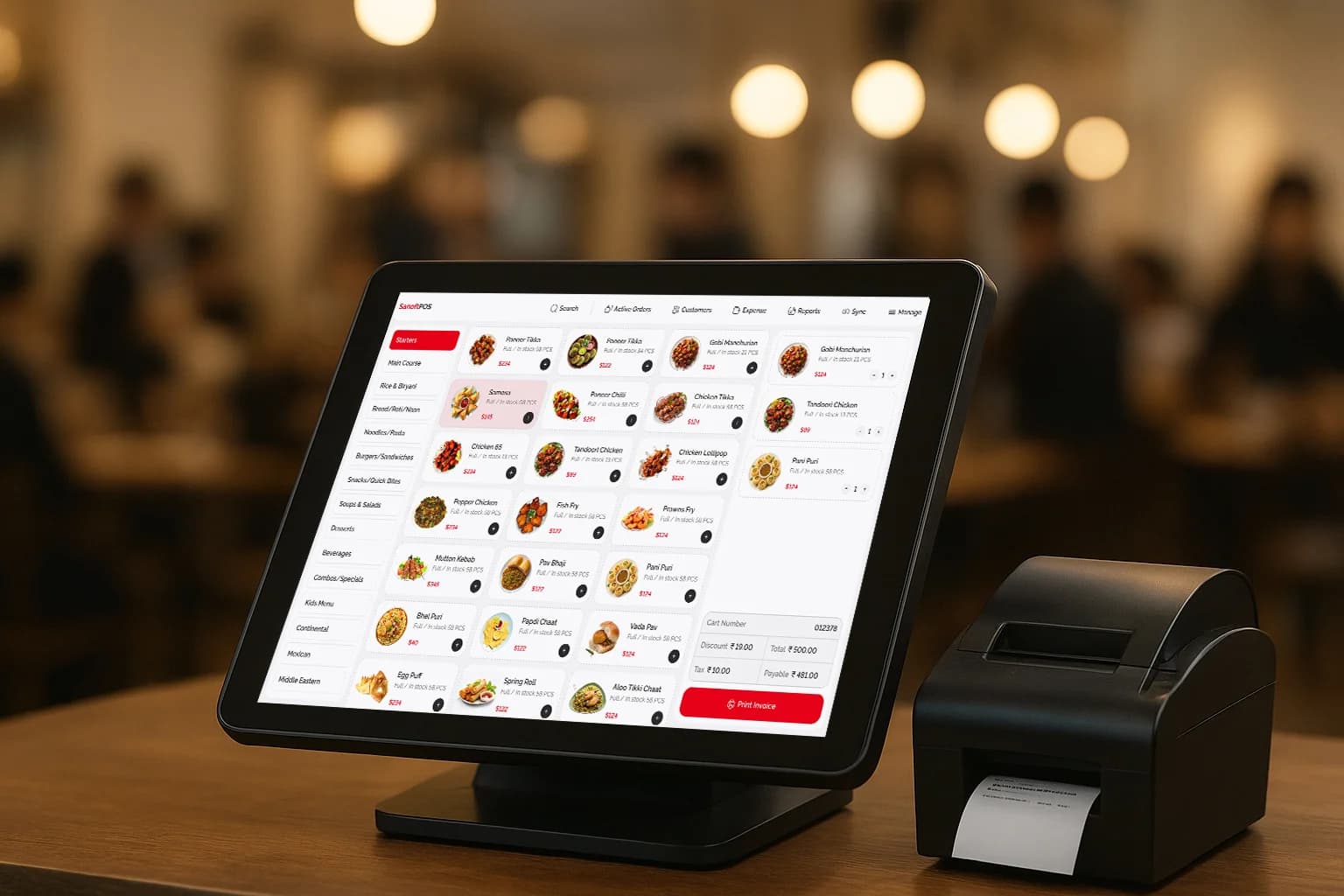 storeinoPOS register on a restaurant counter with a thermal receipt printer